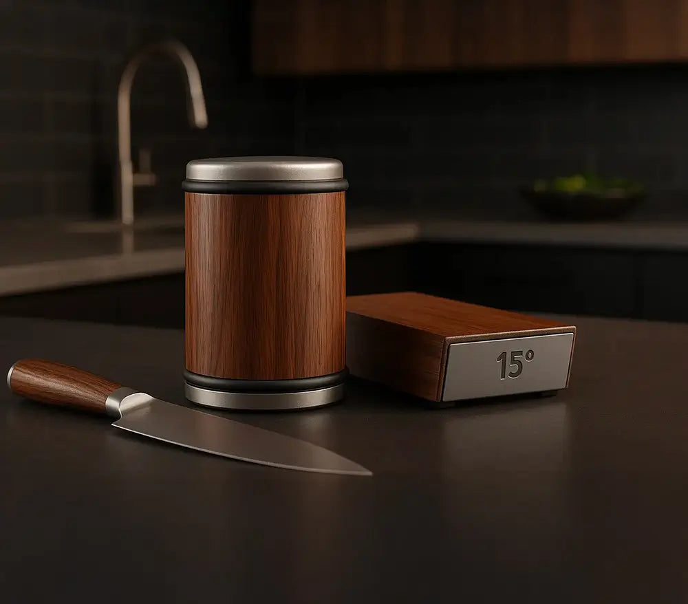 Aiguiseur de couteaux 15° en bois et acier inoxydable, design élégant pour cuisine moderne, affûtage précis des lames japonaises ou occidentales